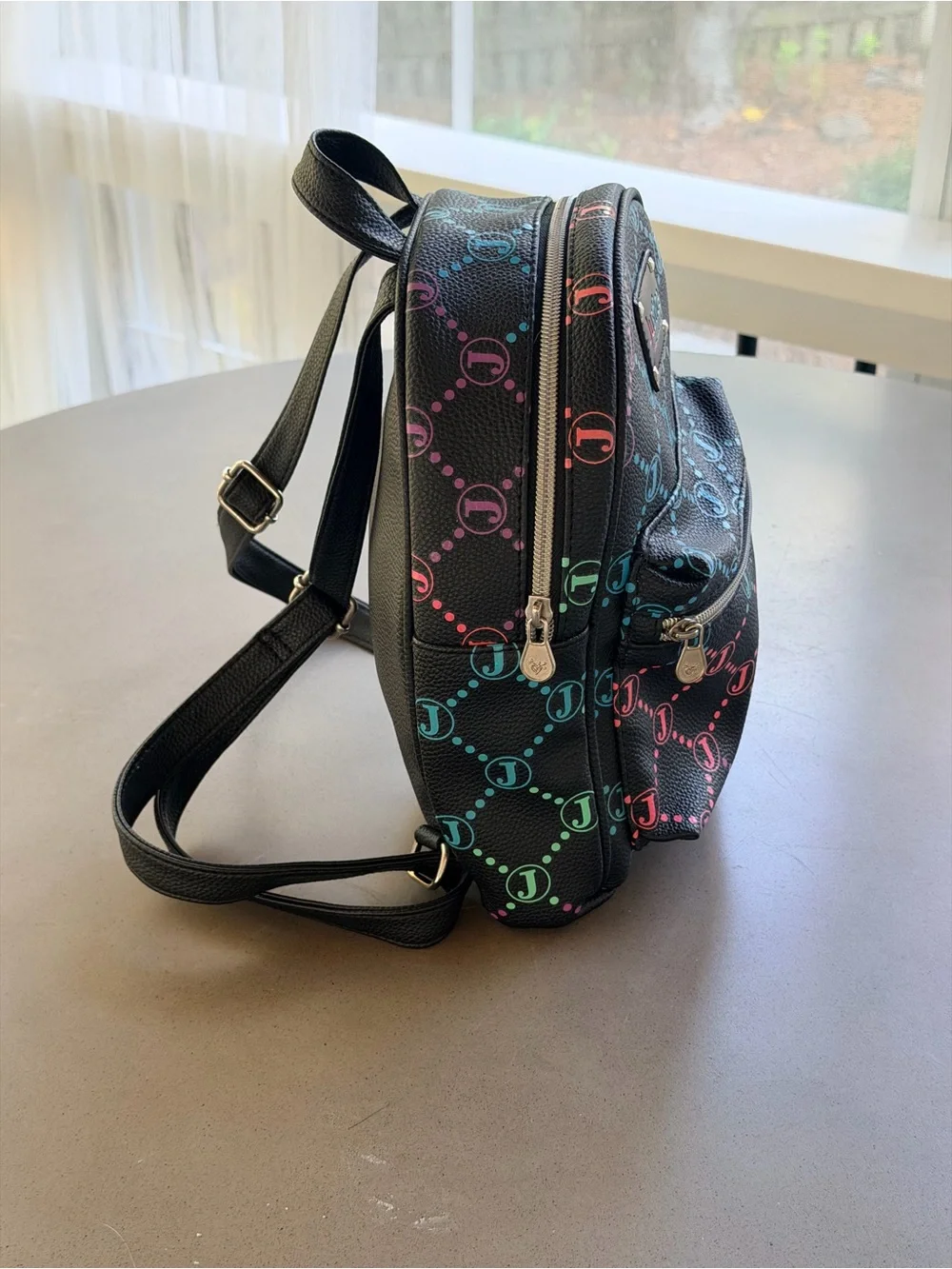 Small Justice Black Mini Backpack with Multicolor Logo Print